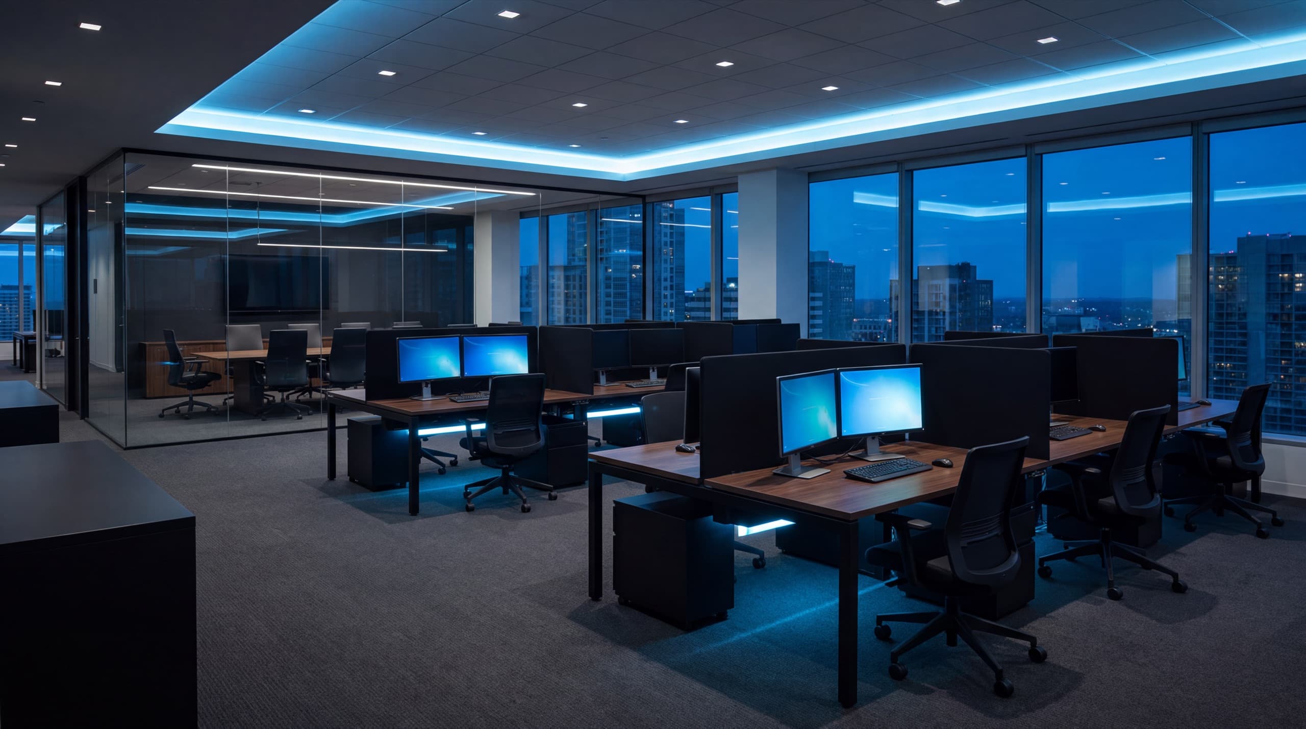 The Reyva workspace: a modern open-plan office with glowing monitors and a dusk city skyline