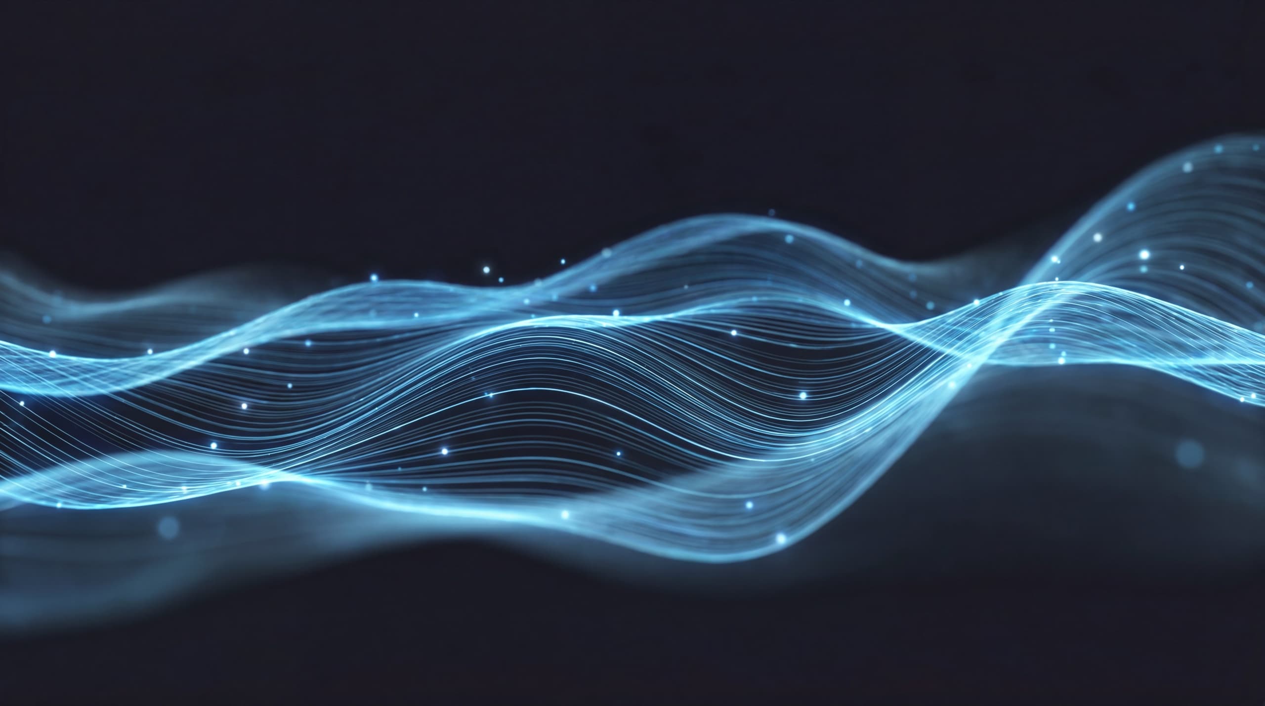 Flowing waves of glowing blue data streams on a dark background